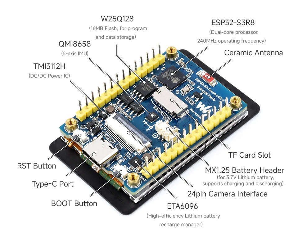 Waveshare ESP32-S3 2inch Capacitive Touch Display IPS 240×320 Camera Touch Option Supports WiFi Bluetooth Development Board