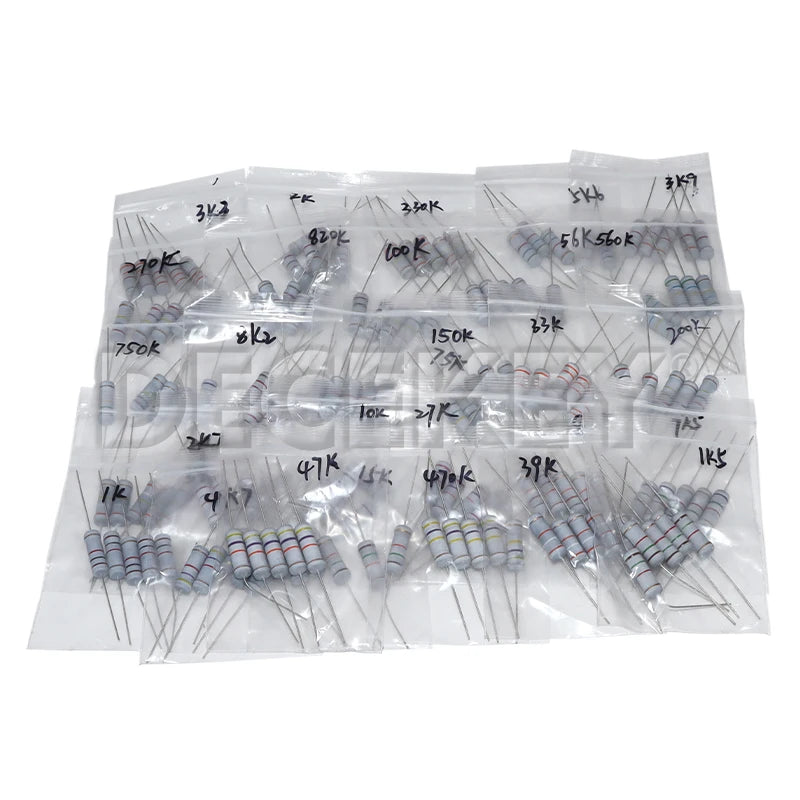 Resistor Kit 1W 2W 3W 5W 5% 30Kinds X 10PCS Carbon Film Resistance 0.1-750 ohm Set 1k-820K 30Kinds X 5PCS