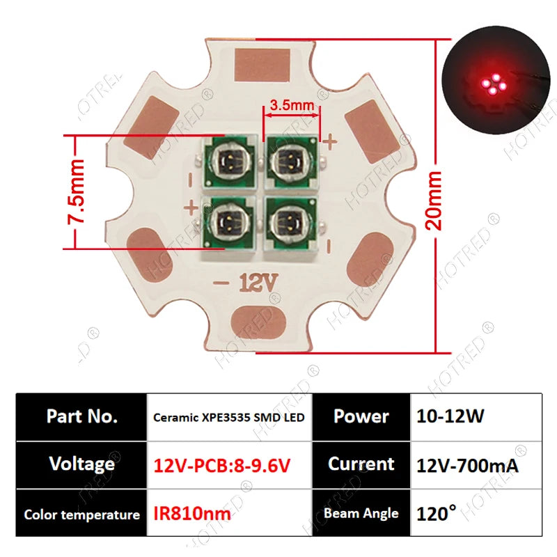 10W High Power LED Chip IR Infrared 660nm 680/730/760/810/850nm 12W 3535 Bead 2V 4V 8V 700/1400/2800mA For Night Vision Security
