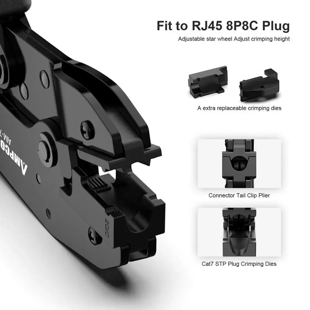 AMPCOM One-step RJ45 Ratcheting Crimper Network Tool for Cat6A, Cat7 Shielded Connector with 2pcs Replaceable Crimping Dies