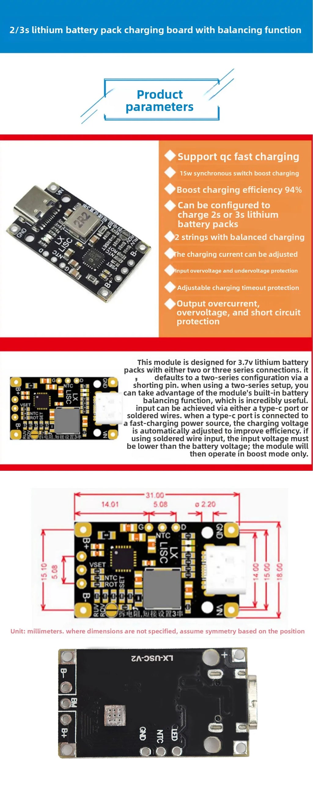 1-10PCS Type-C BMS with Balance Charging 15W Fast Charge Li-ion Battery Boost Module 2S 3S 8.4V 12.6V for DIY BMS PCB High