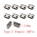 10Pcs USB Connector Type C Female Charging Port Jack 2/6/16 Pin Type-C Socket PCB Soldering SMD SMT DIY Repair Type C Adapter