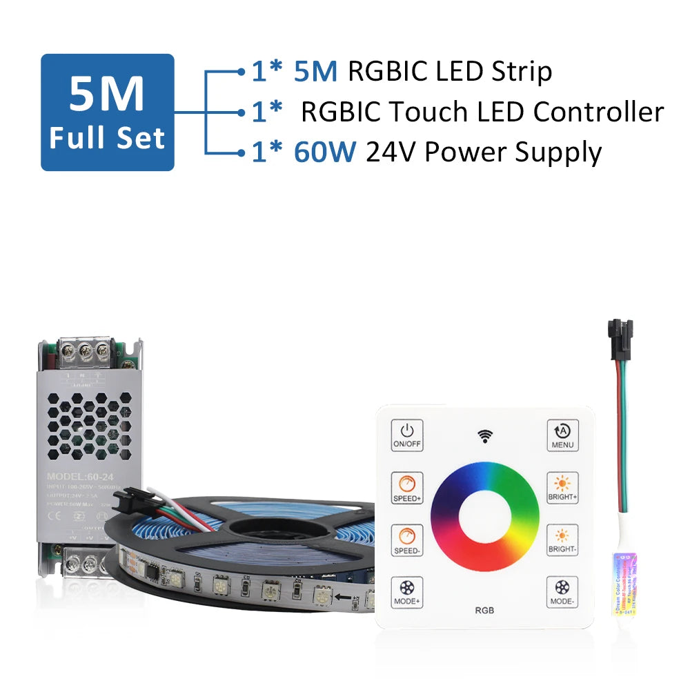 WS2811 RGB IC Running Water Flowing Strip Lights DC 24V 5050 60Leds RGBIC Flexible Ribbon RF Touch Remote Control LED Lighting