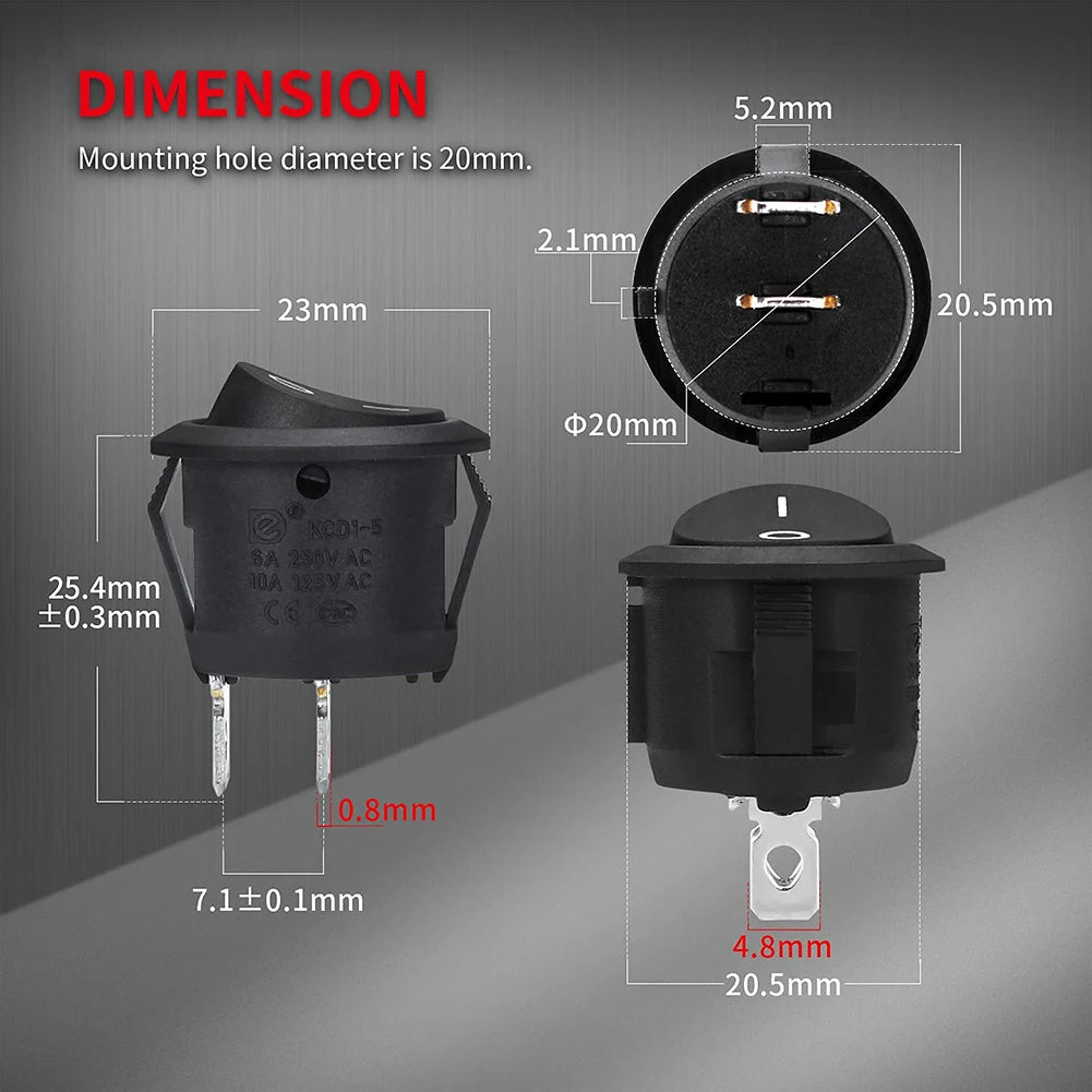 5/10PCS ON/Off Round Rocker Switches SPST 20mm Mini 12 Volt DC Mini Circle Toggle Switch 12V for Car Automotive RV 2 Pin