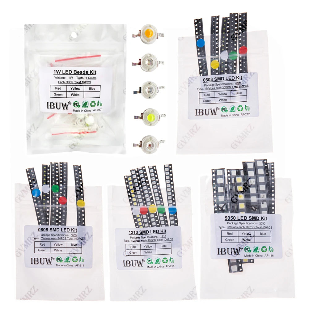 100pcs Green Blue White 5colors Each 20pcs 5730 5050 3528 1210 1206 0805 0603 0402 SMD LED Diode Kit Red  Yellow