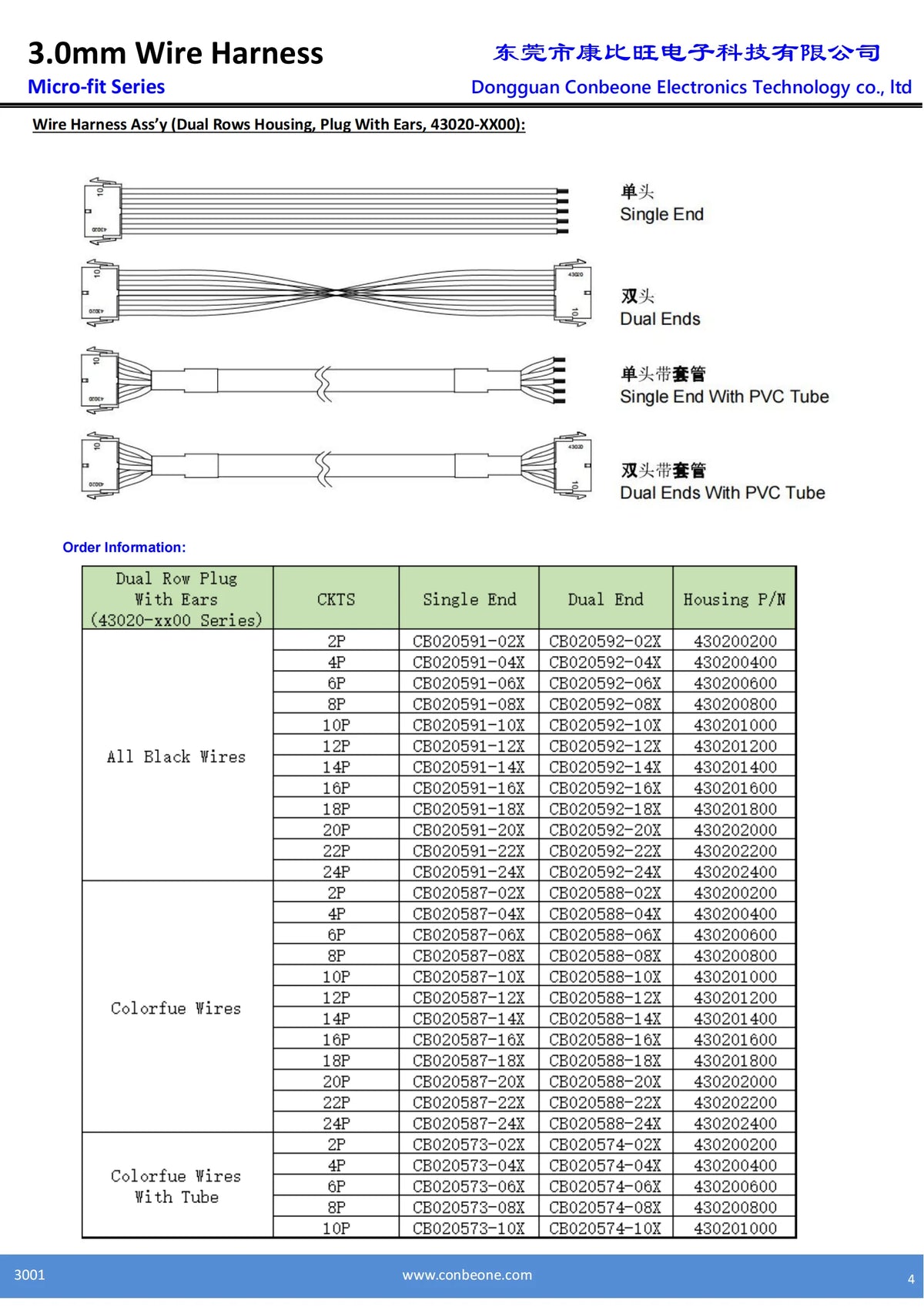 43025-0800 to 43020-0800 Extension Cable, 430250800 to 430200800 Female to Male Cable, Molex Micro Fit 3.0 Cable, 8P