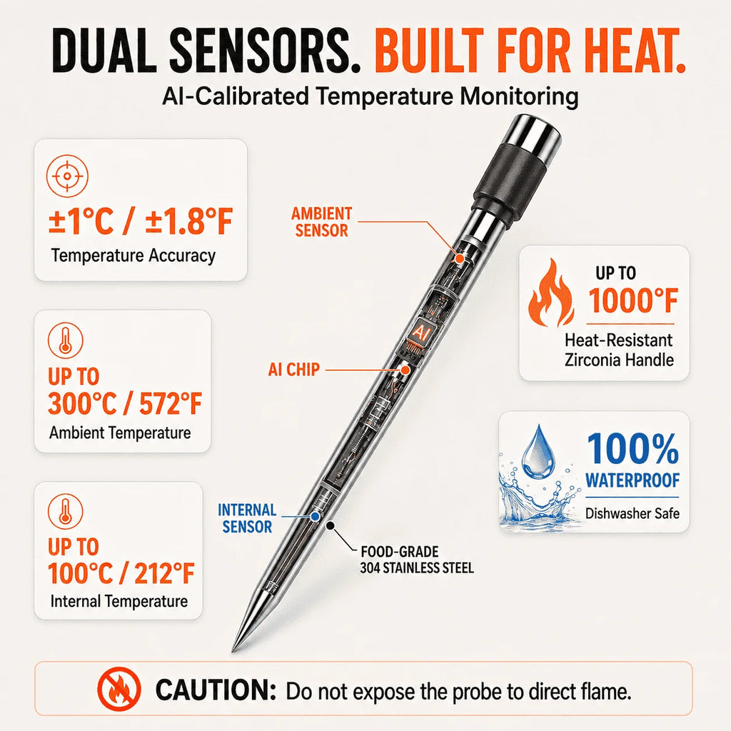 Wireless Meat Thermometer Digital Bluetooth Probe Thermometer Rechargeable with LCD Screen & Mobile APP for BBQ Oven Rotisserie