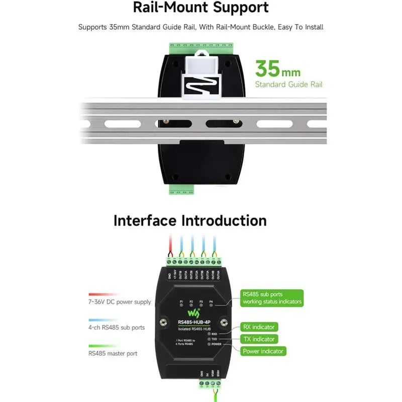 Waveshare Industrial-Grade RS485 HUB 4-Channel Rail-Mounted Wide Baud Rate Signal Relay Repeater RS485 HUB Isolation-ABVP