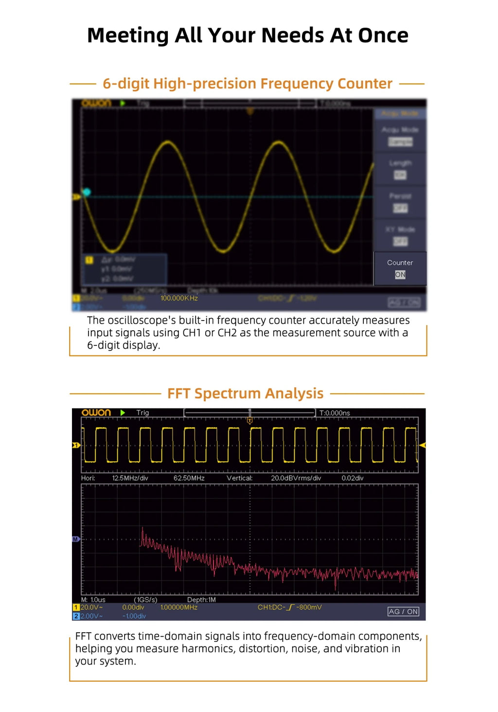 Owon SDS210S 2CH 100-200MHz 1GS/s 14Bit 25MHz FFT Scope Digital Oscilloscope  with Signal Generator Function