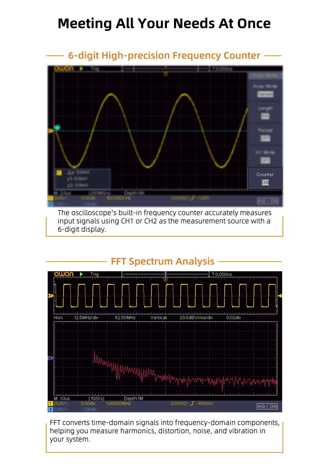 Owon SDS210S 2CH 100-200MHz 1GS/s 14Bit 25MHz FFT Scope Digital Oscilloscope  with Signal Generator Function