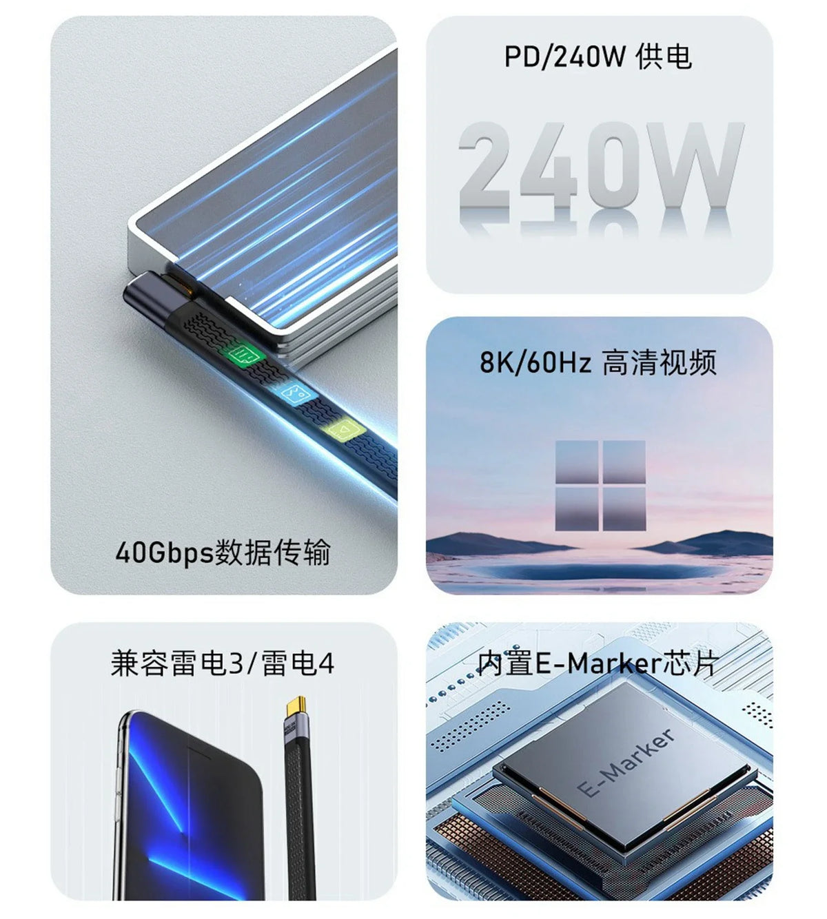 Elbow USB 4.0 Gen3 40Gbps FPC Cable PD 240W 5A Quick Charge USB C to Type C Cable Thunderbolt 3 8K @ 60Hz USB C Data Cable