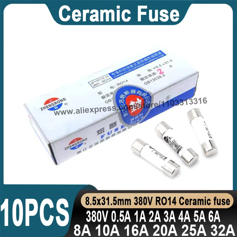 10PCS Ceramic Fuse Tube 8.5*31.5MM Ceramic Fuse 380V 0.5A 1A 2A 3A 4A 5A 6A 8A 10A 16A 20A 32A Ceramic Fuse RO14