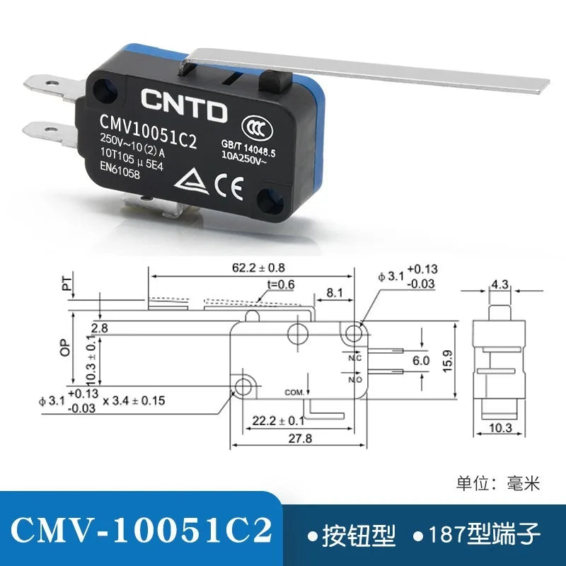 Micro Limit Switch CNTD CMV10‑051C CMV10‑051C2 Hinge Short Roller Lever 10A 250VAC 1NO1NC Plastic Housing Travel Switch for Indu