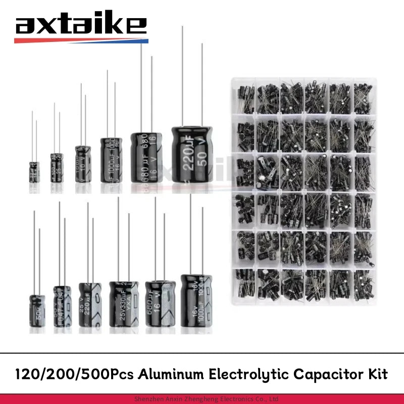 120/200/500Pcs 16V 25V 50V 0.1uF - 1000uF Aluminum Electrolytic Capacitor Assorted Kit Box 1uF 4.7uF 10uF 47uF 220uF 330uF 470uF