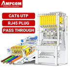 AMPCOM RJ45 Connector 50U Gold Plated CAT7 CAT6 CAT5E Pass through Modular Plug 8P8C Crimp End for Solid Wire Stanrded Ethernet