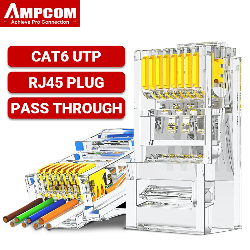 AMPCOM RJ45 Connector 50U Gold Plated CAT7 CAT6 CAT5E Pass through Modular Plug 8P8C Crimp End for Solid Wire Stanrded Ethernet