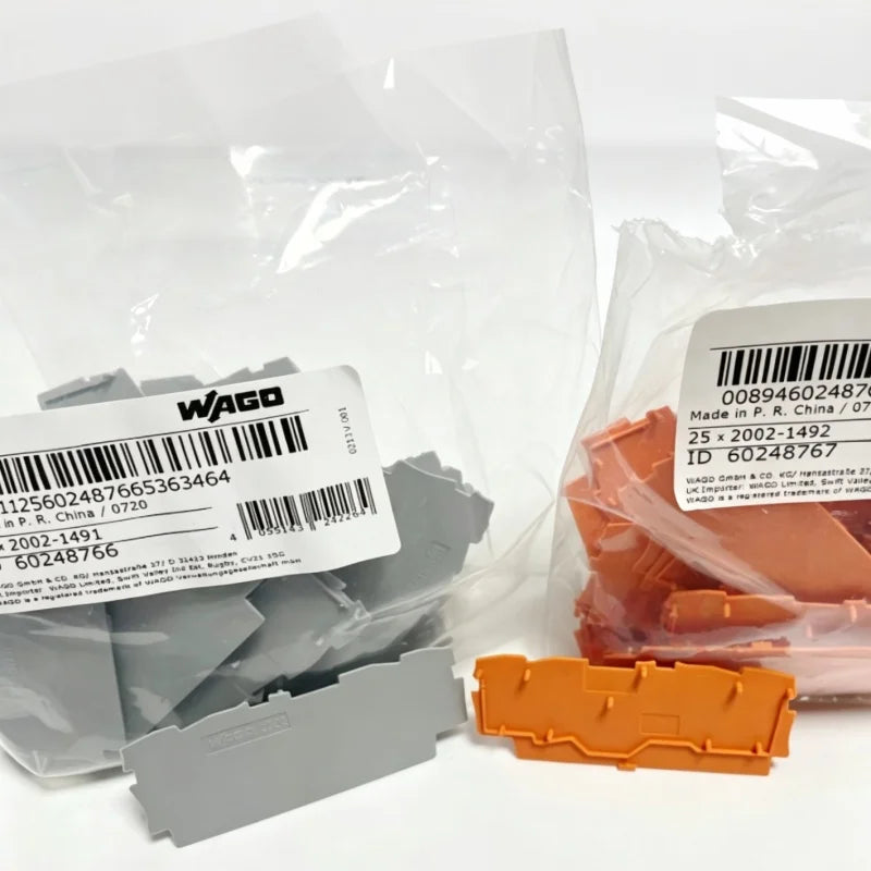 WAGO 2002‑1491 2002‑1492 End & Intermediate Plate 0.8mm For 2002‑1401 4‑conductor DIN Rail Terminal Block, Grey / Orange