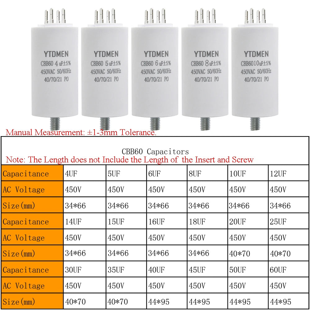 CBB60 Capacitor 4 Pin AC 450V Dual Insert Motor Run Capacitors 4UF-60UF with Screws for Washing Machine Air Compressor 12uf 16uf