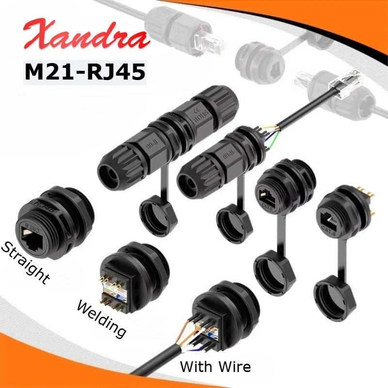 Waterproof M21 RJ45 Ethernet Connector 8P8C Network Socket Through Wall Panel Mount IP67 Straight Through Male Female Plug Cat5