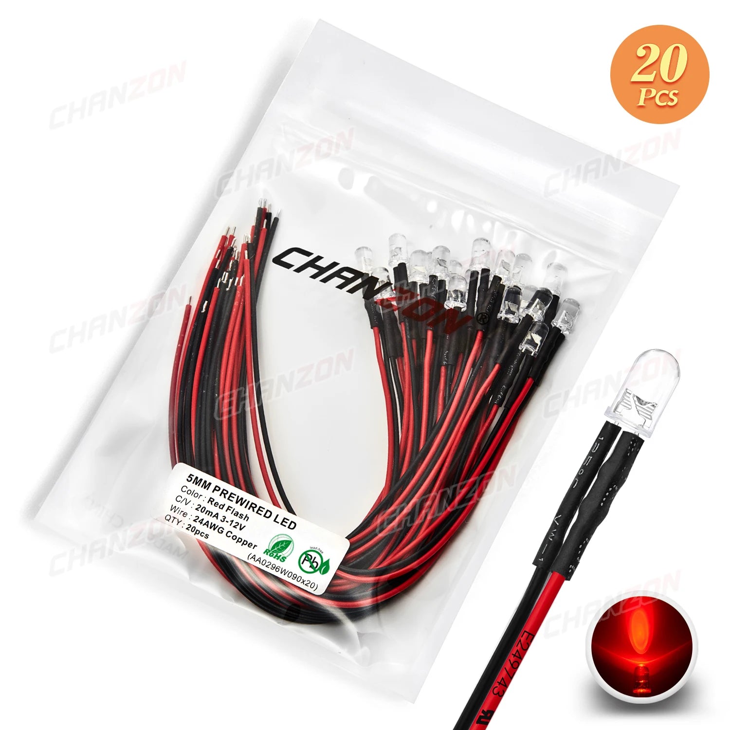 20pcs 5mm 12V LED Diode Flashing Prewired Light Beads Blinking White Red Green Blue Yellow RGB Fast Slow Flash DIY Pre Wire Lamp