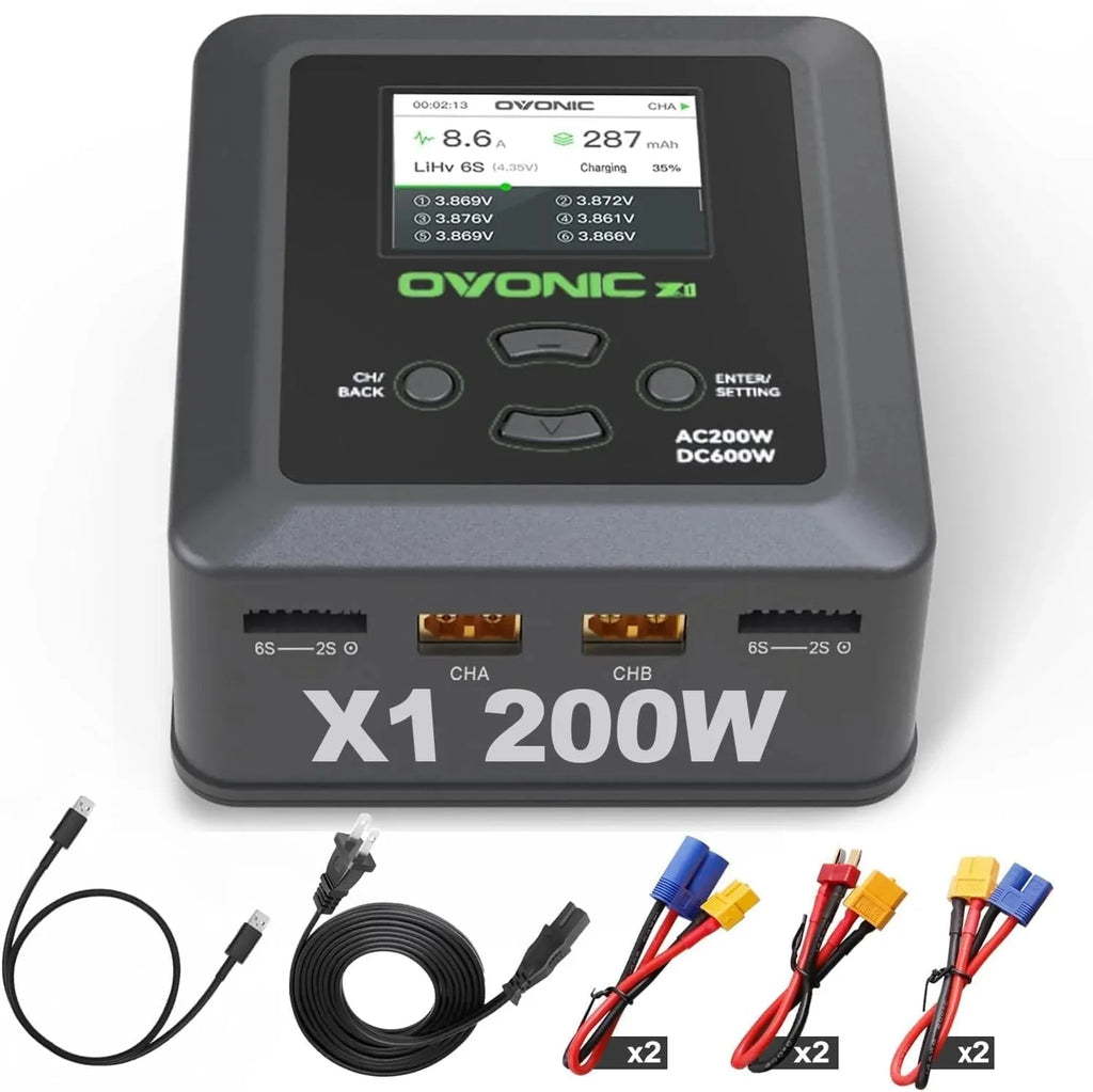 Ovonic X1 Dual Channel Smart LiPo Balance Charger, AC 200W / DC 300W×2, Max 15A Fast Charger for RC & FPV LiPo Batteries
