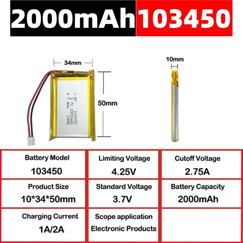 103450 3.7V 2000mAh Polymer Lithium Rechargeable Battery jst PH 2.0mm 2pin plug for Camera GPS navigator MP5 Bluetooth Headset