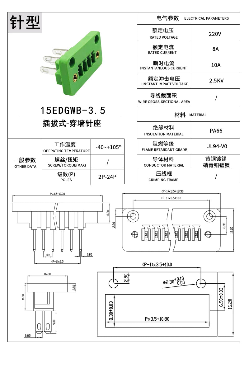 2set 3.5MM Through Wall Plug in Terminal Blocks Connector 15EDGWB/KM-3.5mm with Flange 2/3/4/5/6/7/8/9/10-24 Pin