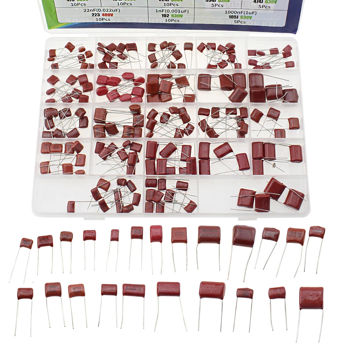200PCS CBB Capacitor 23 Values 10nF-1000nF 330nF 560nF Metallized Polypropylene Film Capacitors DC 103J 334J 105J Assortment Kit