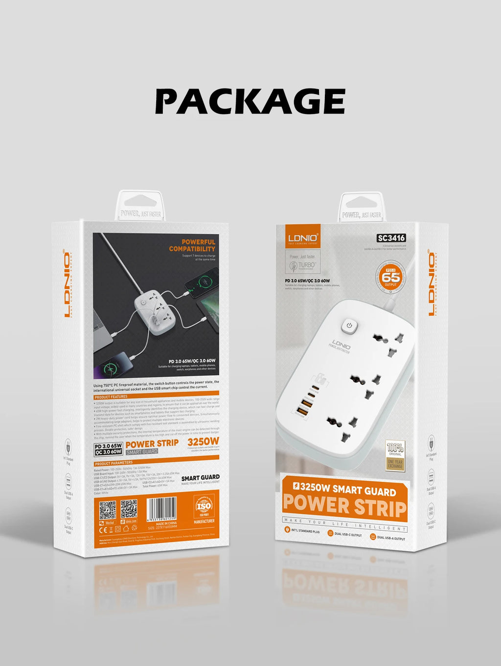 LDNIO Universal Power Strip with 65W GaN USB Charer 3250W Extension Cable Network Filter Surge Protector  EU/US/UK Plug Socket