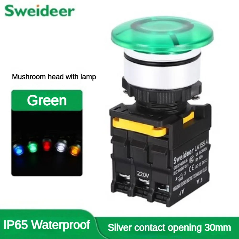 30mm Mushroom Button Switch with Light Waterproof Momentary Reset Self Locking Power Push Button Switch 12V 24V 220V 1NO 1NC Red