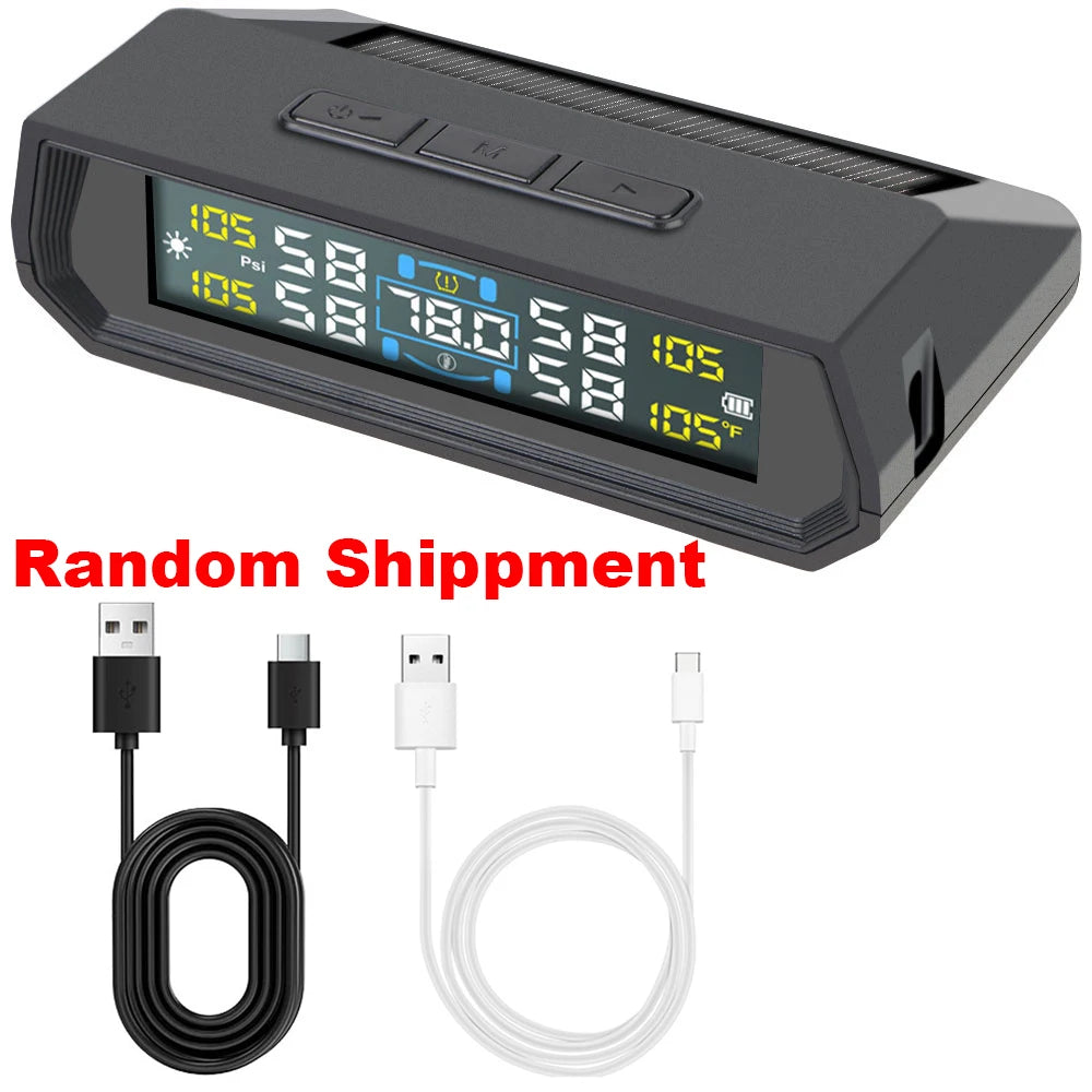 Tire Pressure Monitoring System Auto Security Alarm Systems Solar/USB Powered Tyre Temperature Monitor Car TPMS 4 Sensors