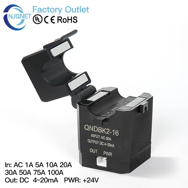 Split Core Current Transmitter QNDBK2-16 AC 10A 20A 50A 100A 4 20mA CT Clamp Hall Effect Current Transformer Sensor 4-20mA