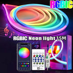 5V RGB+IC Neon Light Strip 15M USB Waterproof Flexible LED Light Strip Music Synchronization Bluetooth Remote Control DIY Home Decoration Changes Ambient light