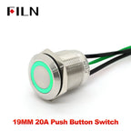 FILN 19MM 20A 12V 24V 110V 220V LATCHING MOMENTARY Flat Ring Round Push Button Switch IP66 Metal Stainless Steel  with 20cm Wire