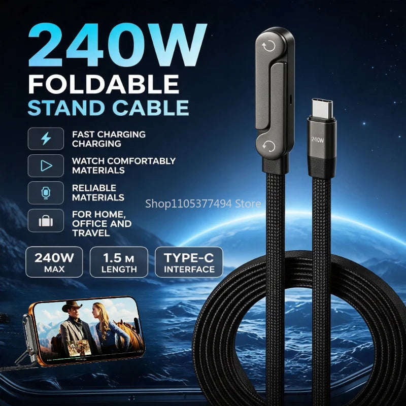 240W 2 in 1 USB C to USB C Fast Charging Foldable Bracket Data Cable Type C Desktop Holder Charging Wire For Iphone17 16 Samsung