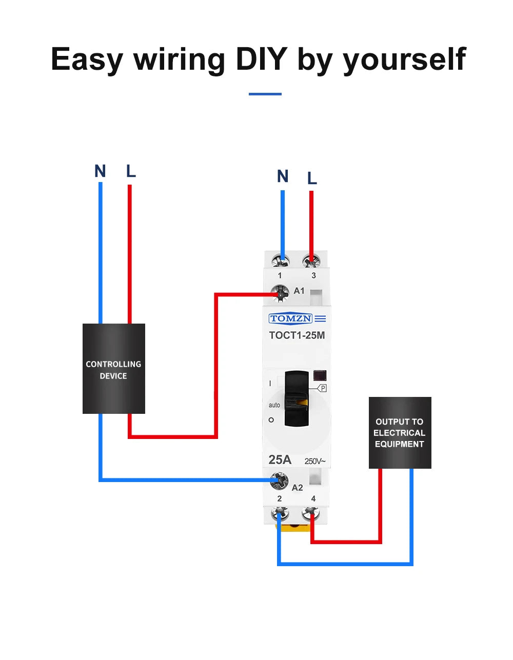 TOMZN TOCT1 2P 25A 220V/230V 50/60Hz Din Rail Household AC Modular Contactor With Manual Control Switch 2NO or 1NO 1NC or 2NC