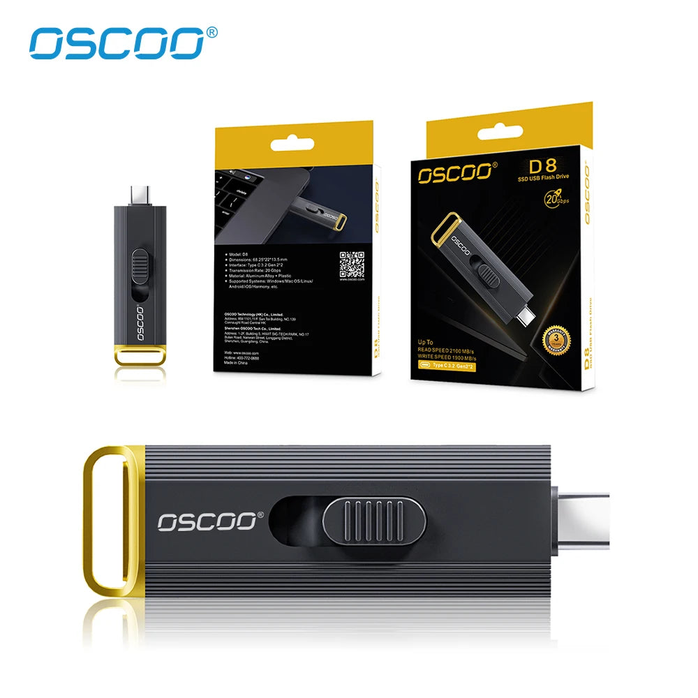 OSCOO PSSD 1TB SSD USB Flash Drive 20Gbps 3D TLC Nand Flash Type C 3.2 Gen2*2 Memory Disk Wireless Portable SSD USB Flash Drive