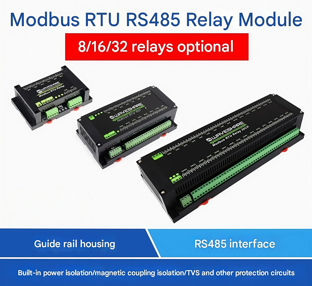 Waveshare Industrial Modbus RTU Relay Module with 8/16/32-channel RS485 interface and isolation