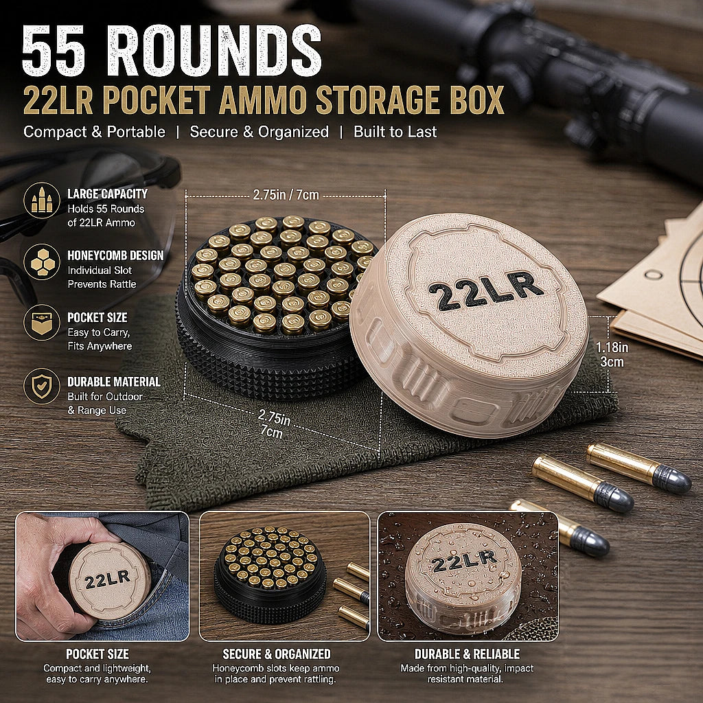 A compact storage case capable of holding 55 .22LR rounds—convenient for carrying to the shooting range.