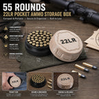 A compact storage case capable of holding 55 .22LR rounds—convenient for carrying to the shooting range.