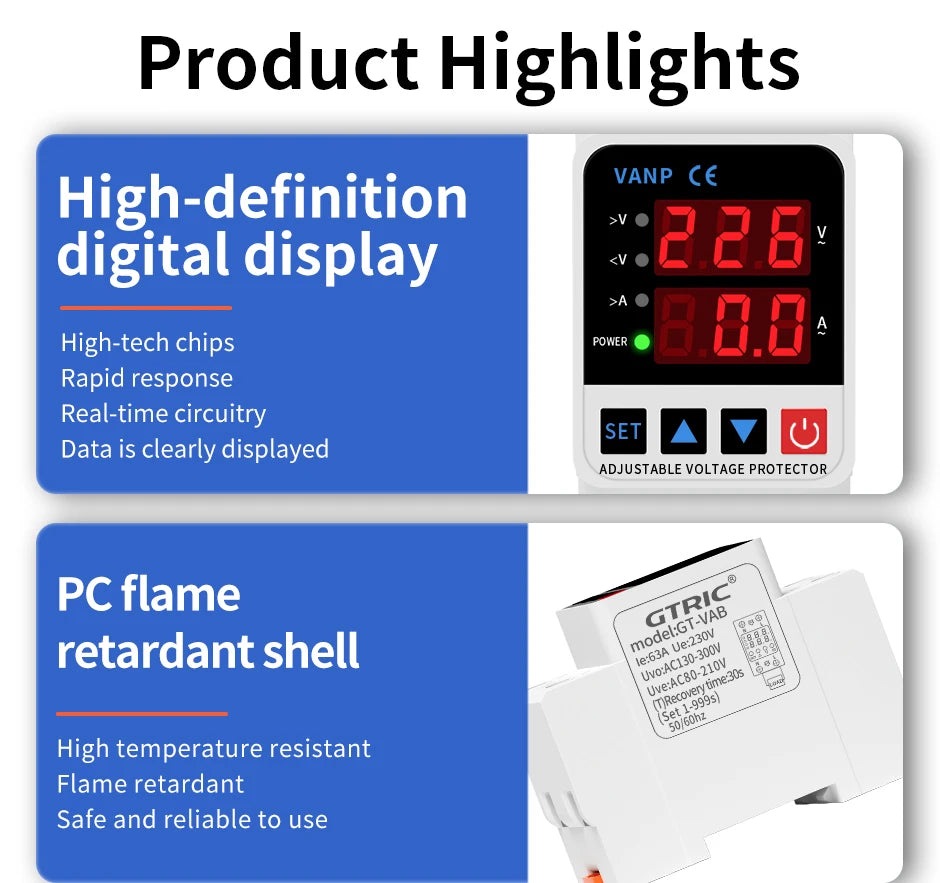 GTRIC Voltage Protection Relay Din Rail Over Under Voltage Protector 230VAC 40A 63A Adjustable Voltage Current Protection Device