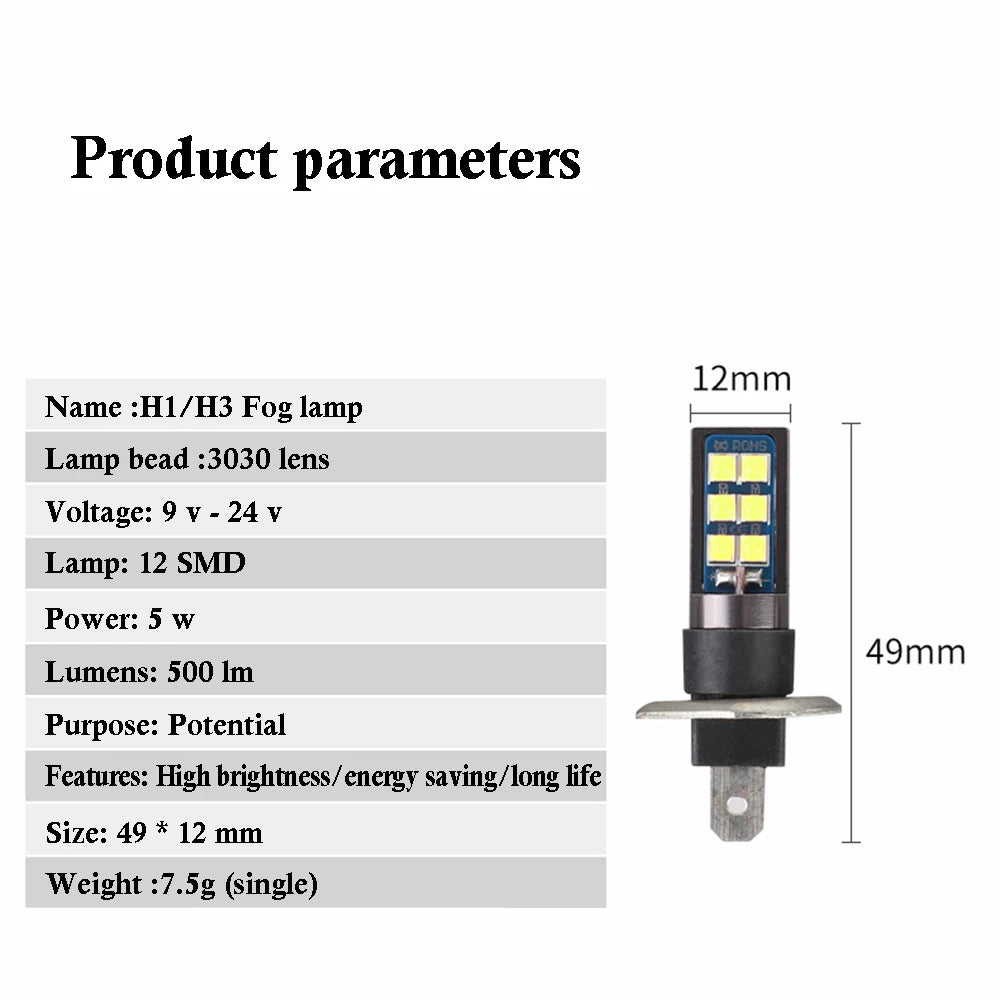 2x 7 Colors H1 H3 880 Canbus Super Bright LED Bulb Car Fog Light Headlight Bulbs 3030 12SMD 12V Running Light Auto Car Fog Lamps