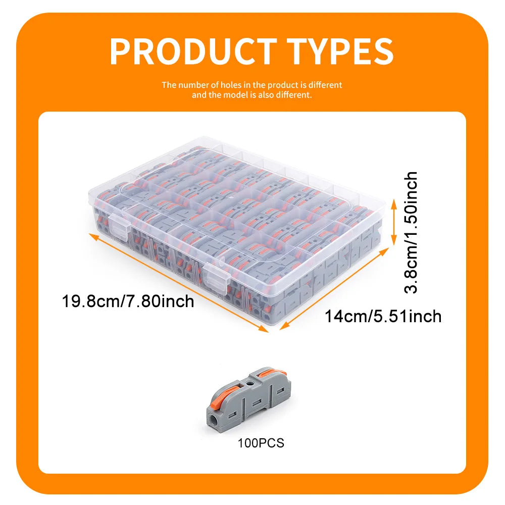 100Pcs 221 Series Boxed Lever Wire Connectors Quick Splicing Terminal Block 0.2-4mm² 32A 250V Electrical Cable Connector Set