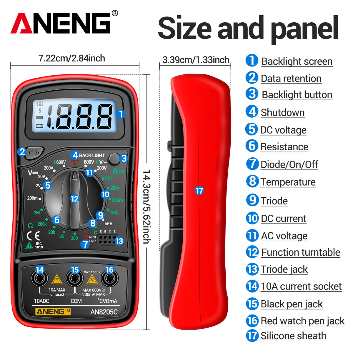 Digital Multimeter 1999 Counts 600V AC/DC Voltage Temp Test for Car Repair ANENG AN8205C Blue Backlight hFE Triode DIY Test Tool