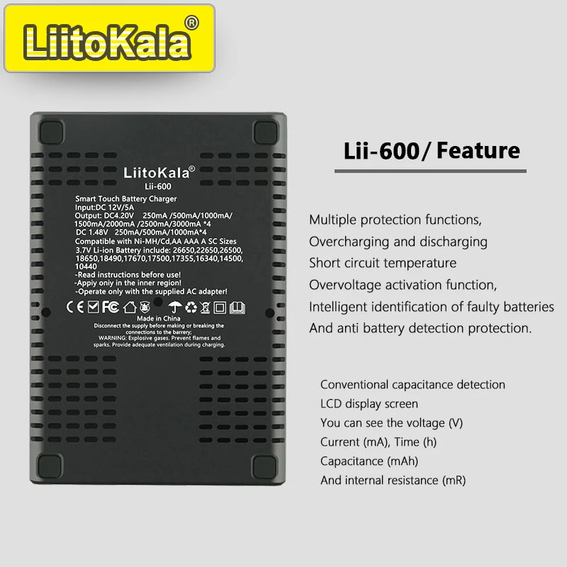 LiitoKala Lii-600 4 Bay LCD Smart Charger 3A Fast Charging 18650 21700 26650 26700 Li-ion NiMH AA AAA C Capacity Tester