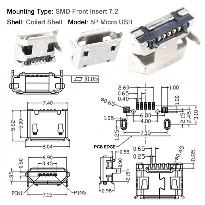 100/1000PCS Micro USB Android Female Charging Socket, Flat Edge Crimped Type, 5Pin, 4 Mounting Pins, SMD & DIP Tail Connector