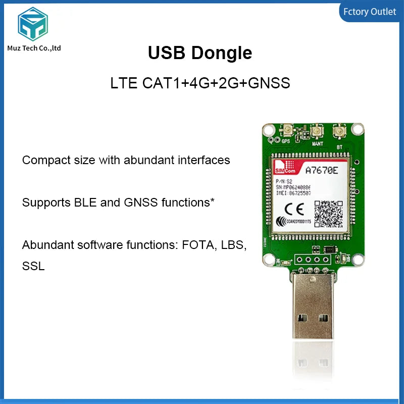 SIMCOM A7670E A7672E USB Dongle Modem LTE CAT1+2G+GPS IoT Module Breakout Kit With Antenna for Europe/Middle East/Africa