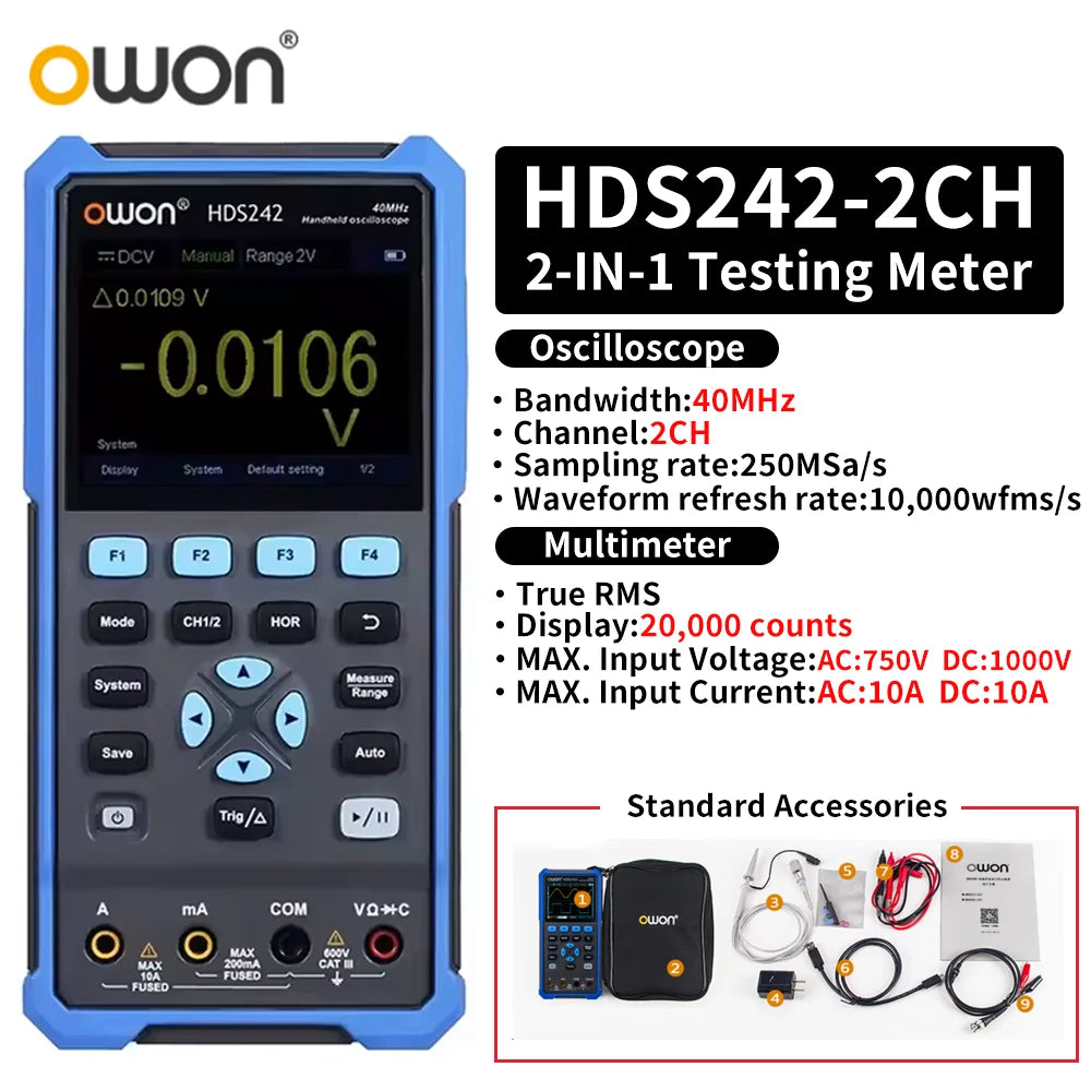 OWON HDS2102S/HDS272S/HDS242S Handheld 3-in-1 Digital Oscilloscope, Signal Generator, Multimeter | 100MHz Bandwidth, 2 Channels