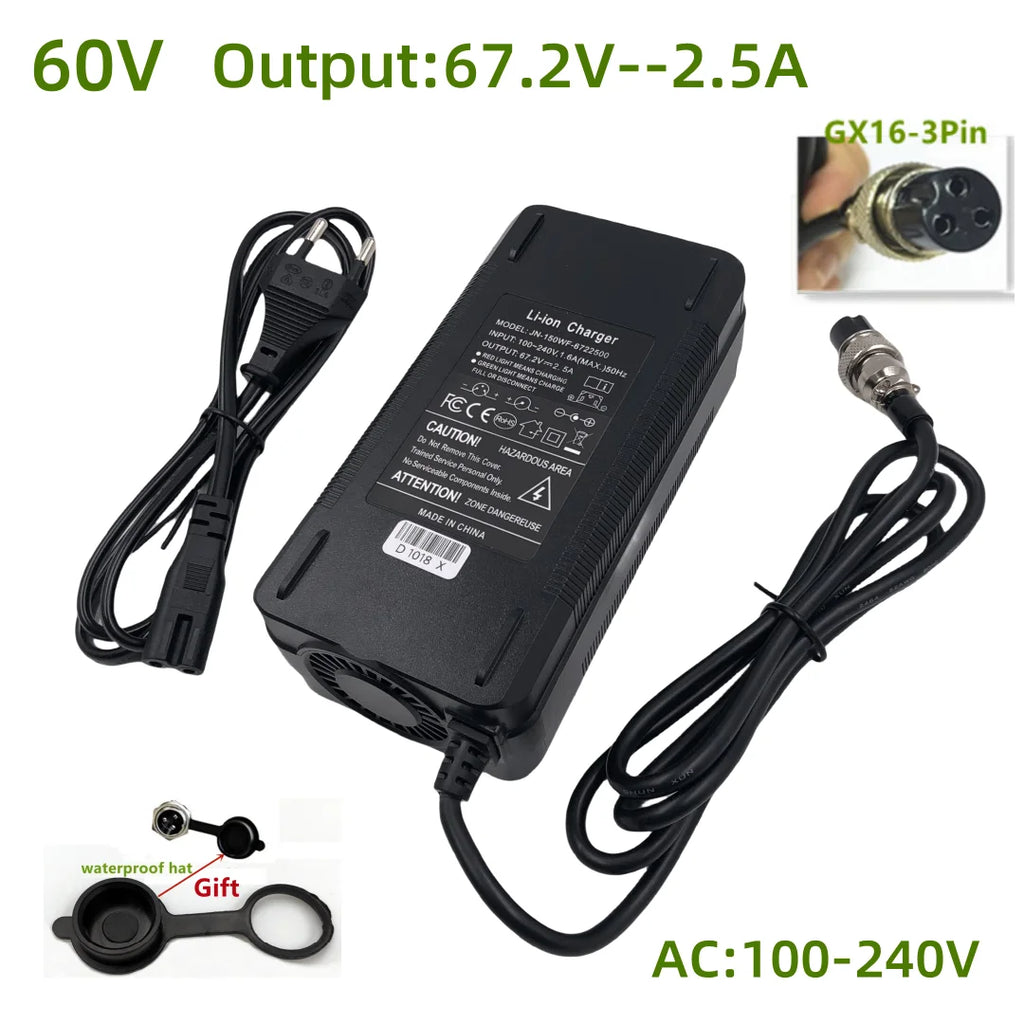67.2V2.5A Fast Charger For 60V Wheelbarrow Harley Citycoco 16S 60V Lithium Battery GX16 Connector with Cooling Fan 100-240V
