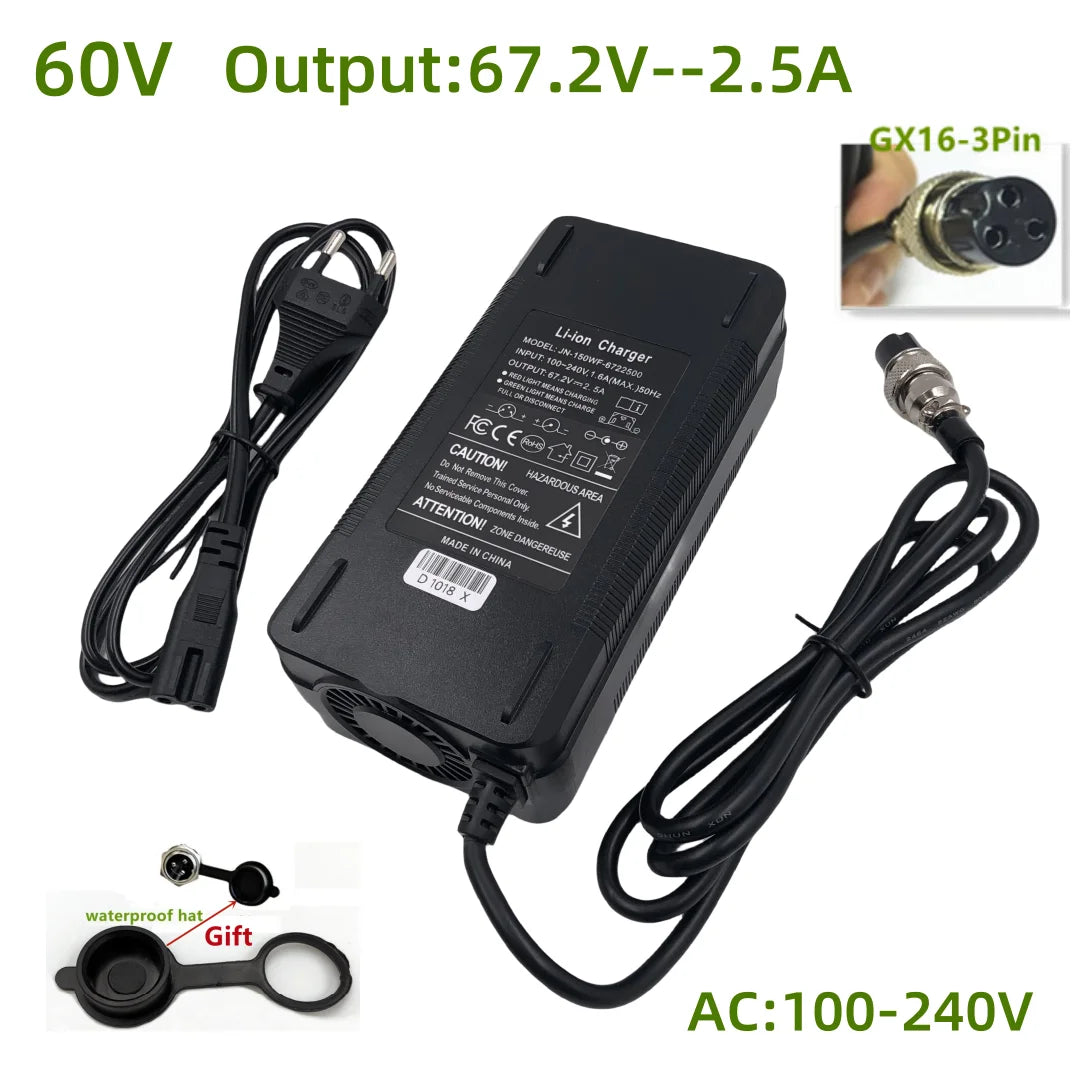 67.2V2.5A Fast Charger For 60V Wheelbarrow Harley Citycoco 16S 60V Lithium Battery GX16 Connector with Cooling Fan 100-240V